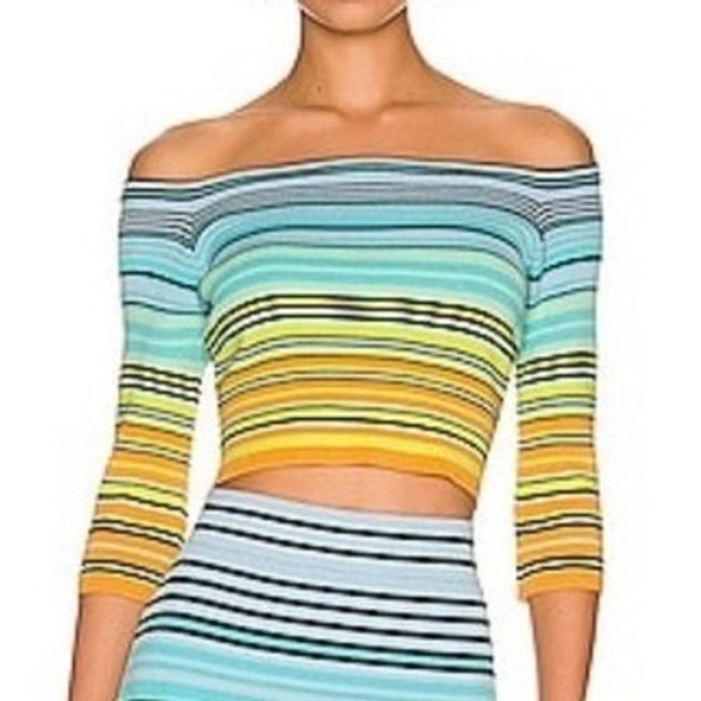 Le Superbe Oaxaca Ribbed Knit Square‎ Neck Crop Top Multicolor 3/4 Sleeve Sz L